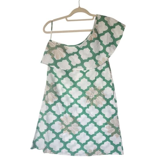 Oliphant Mini Dress Women's XS White Green One Shoulder Geometric Pattern Cotton - Picture 2 of 8